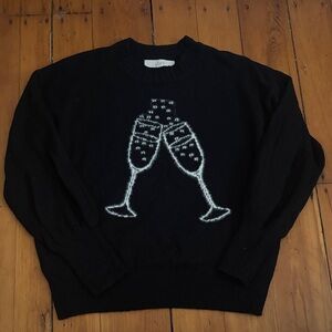 LOFT Navy Crewneck Sweater with White Champagne Glasses Graphic